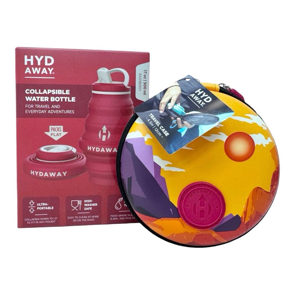 (A7) Hydaway 17oz Collapsible Water Bottle Raspberry & Zion Travel Case New